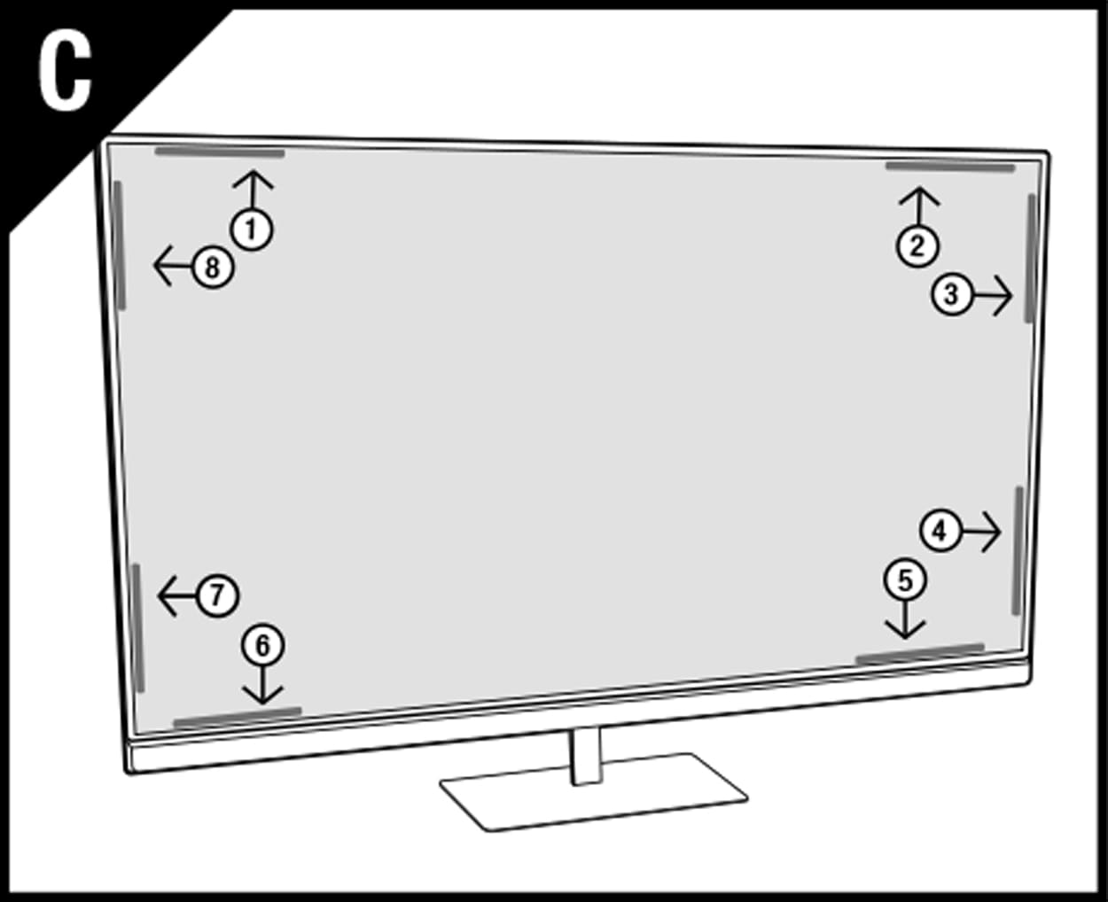 Illustration of attachment strips on a privacy filter for monitors.